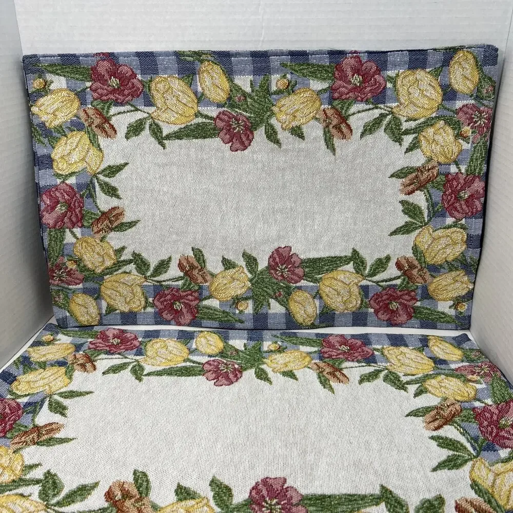 Tulip Flowers Blue White Checked Border Woven Tapestry 19
